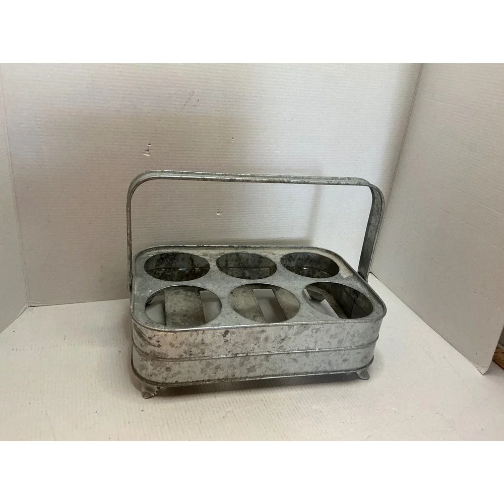 Pottery Barn Galvanized Metal 6 Bottle Carrier Caddy Farmhouse Decor